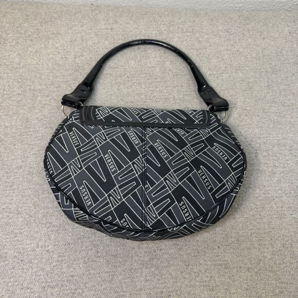 VTG Versace Versus Purse Black Monogram Canvas Patent Leather Accents 11x9 Y2K - Picture 2 of 12